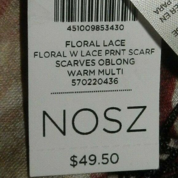 CHICOS Floral and Lace Print Scarf with Black Fringe Womens 20 x 70 inches - Picture 15 of 16